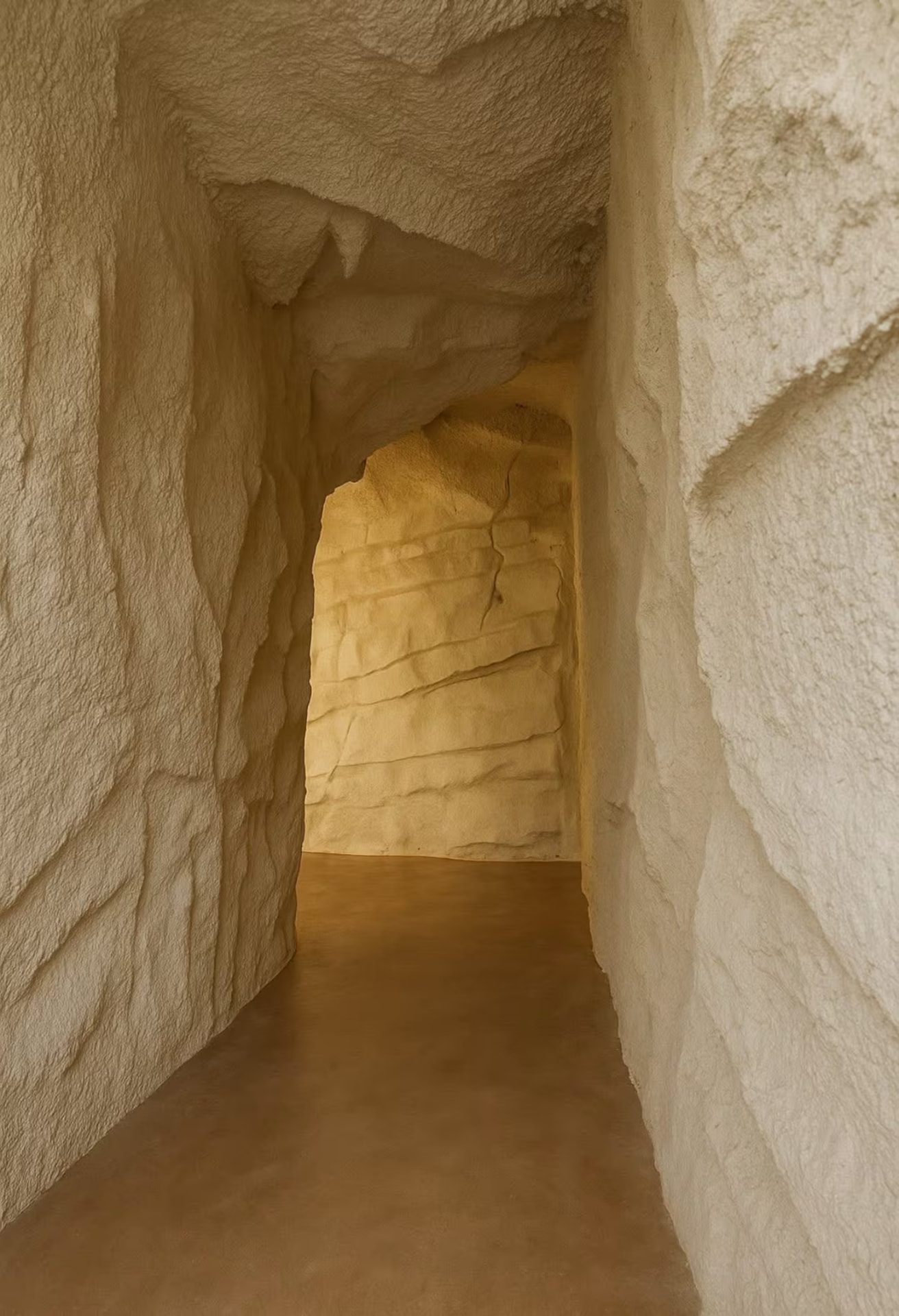Couloir étroit creusé dans la pierre menant à l'intérieur de La Grotte