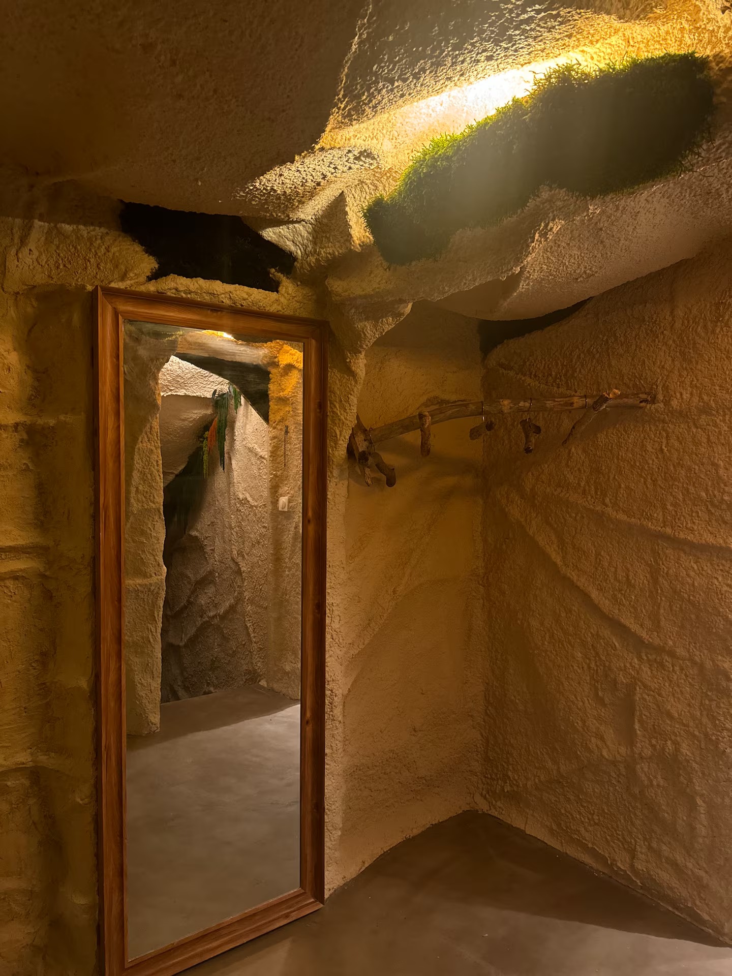 Entrée troglodyte : grand miroir en bois, portant en branche et mousse éclairée au plafond